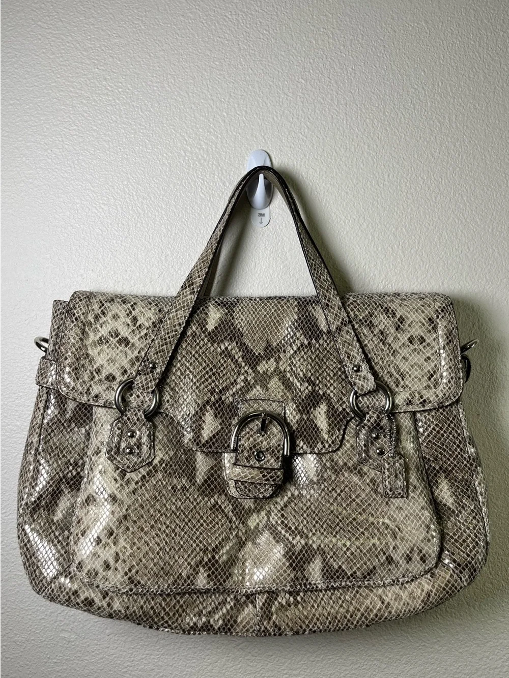 Coach Snake-Print Authentic Python Tote Bag in Neutral Bag with buckle accent